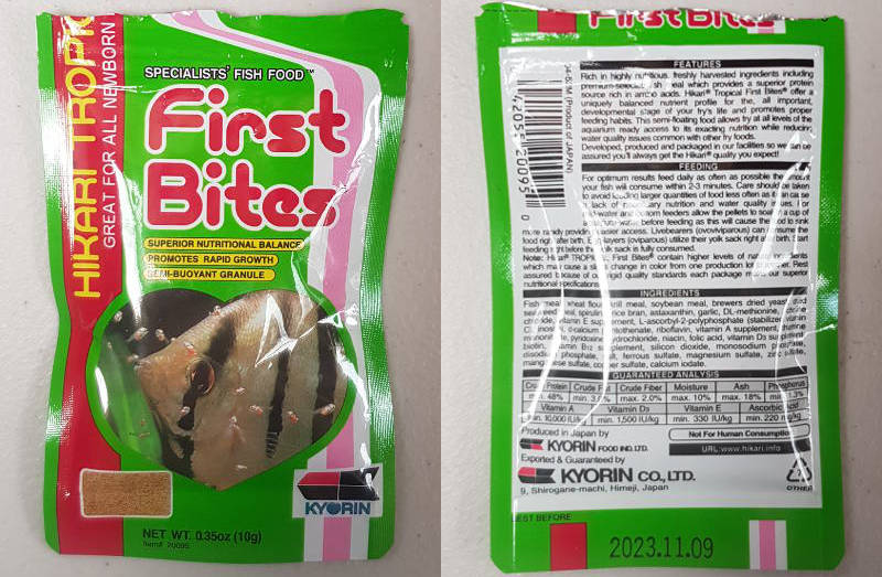 Front and back photos of Hikari First Bites baby fish food
